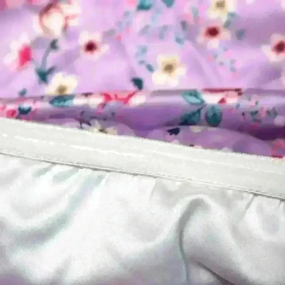 ALAMOUR Silky Sexy Strapless Ruched Side Purple Floral Mini Dress Women Large - Picture 7 of 8